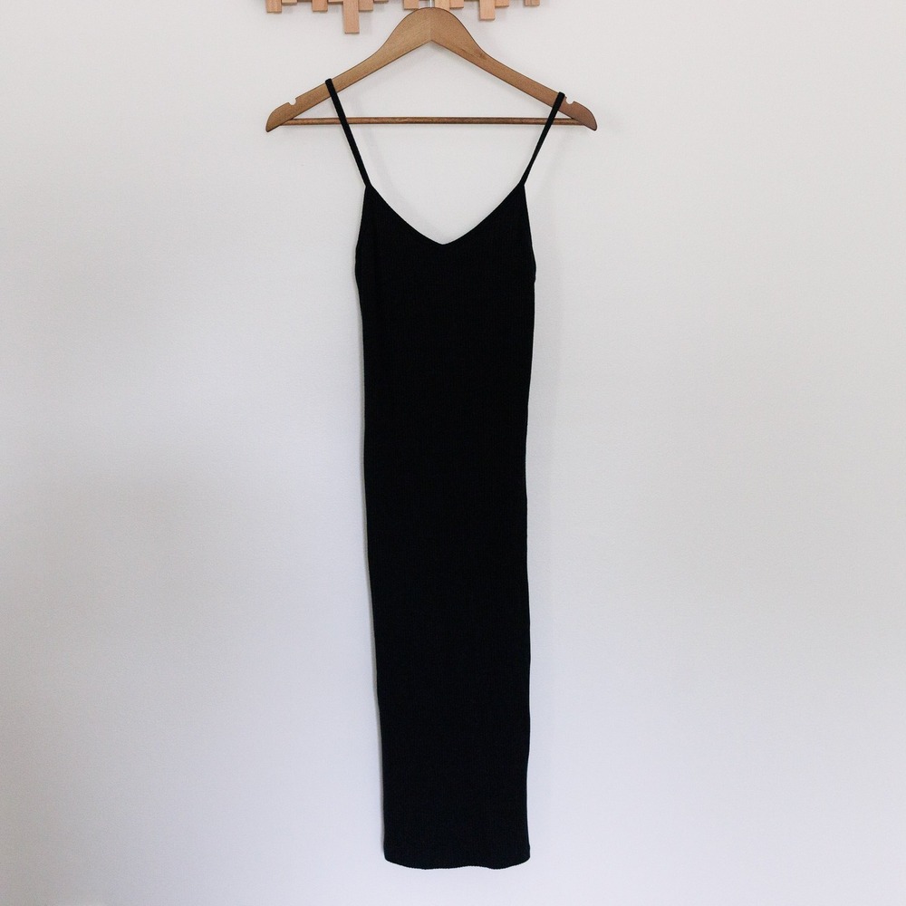 Stillwater Black Ribbed V-Neck Midi Dress Spaghetti Strap Womens Medium USA Made